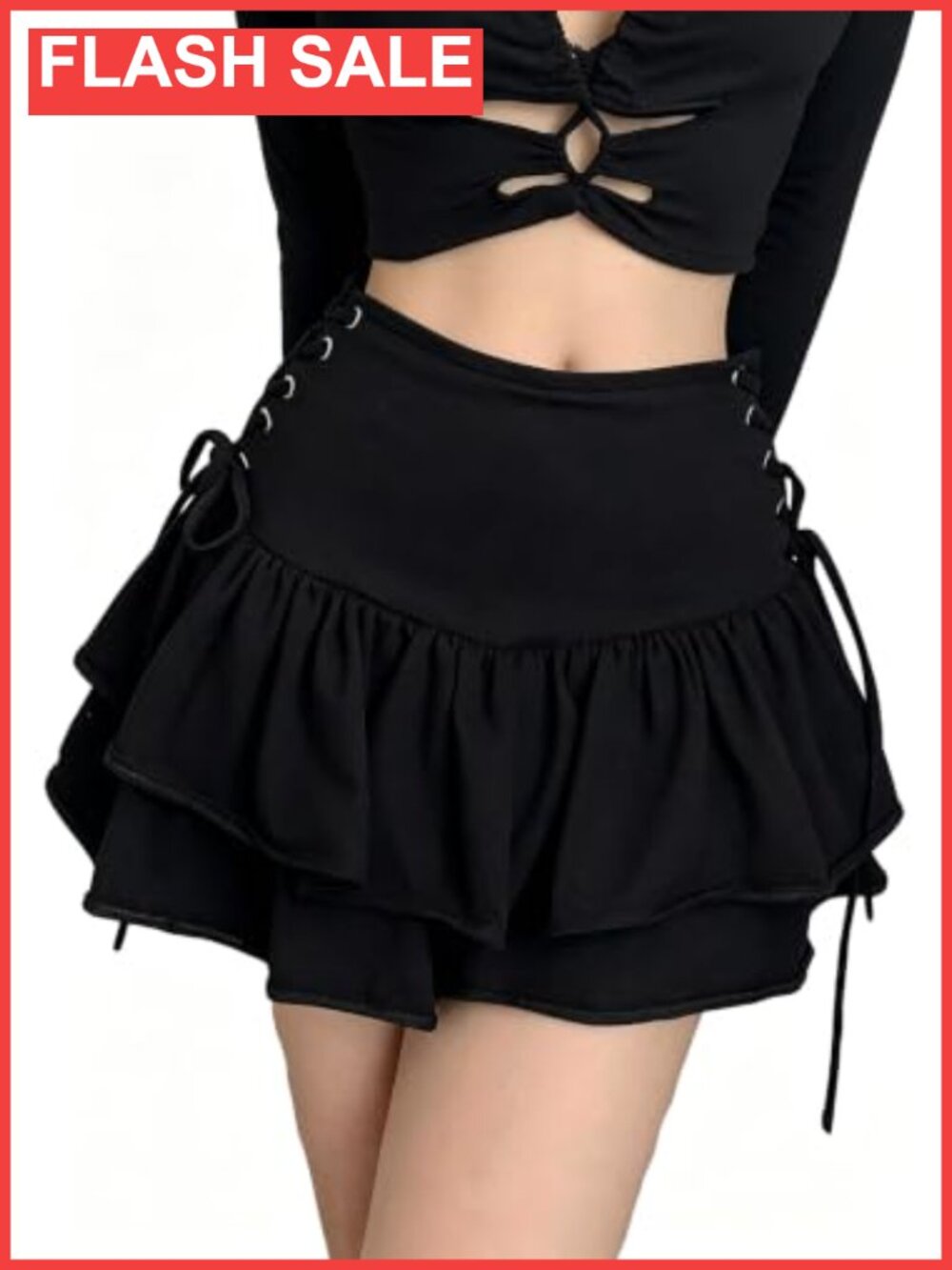 Y2K Goth Ruffle Mini Skirt High Waist Lace Up Pleated Punk Skirt
